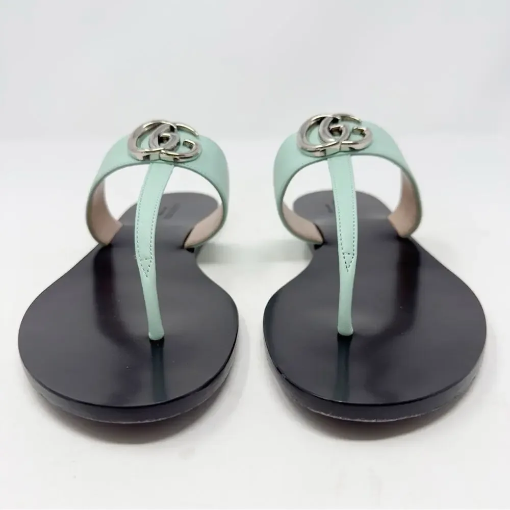Gucci GG Marmont Mint Green Leather Flat Thong Sandals Womens Size EU 39